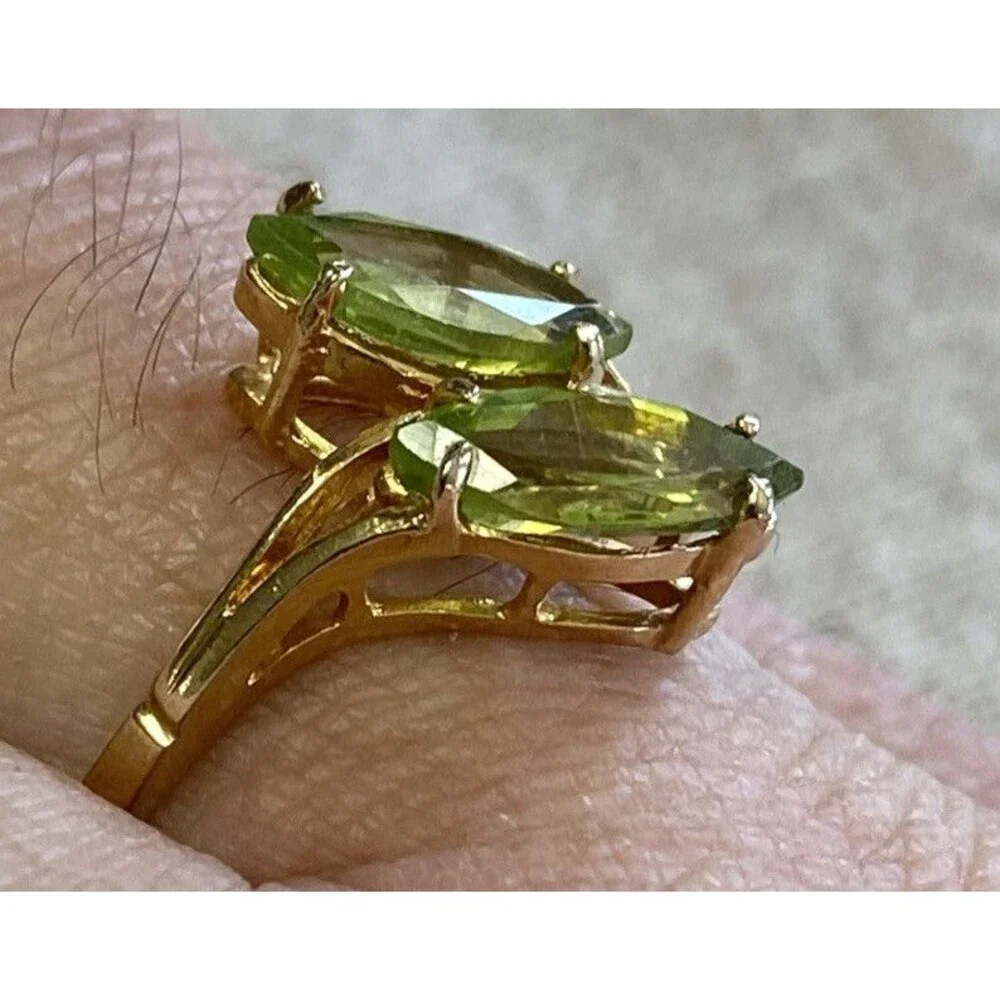 18K YG Electroplate 2.00 CT Marquise Cut Simulated Peridot Two Stone Ring